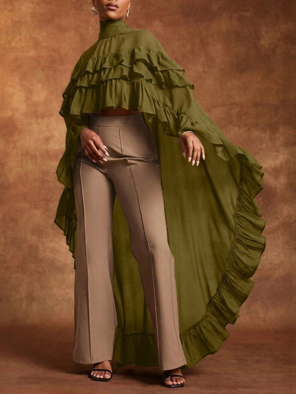 Army Green Women's Loose Colorblock Ruffle Tiered High Neck Long Top